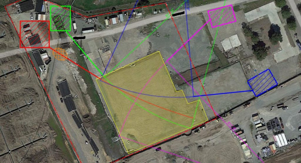 Diagram evaluating different well screen placement options within a target area (yellow shade) given the limitations of possible rig set-up areas, bend radius and total lateral deviation.